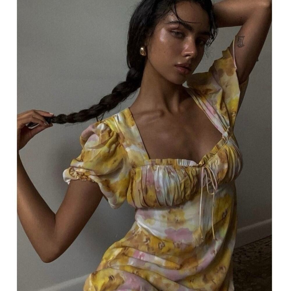NWOT For Love & Lemons Zinna Babydoll Mini Dress Lemonade Floral Yellow Medium - Picture 6 of 16